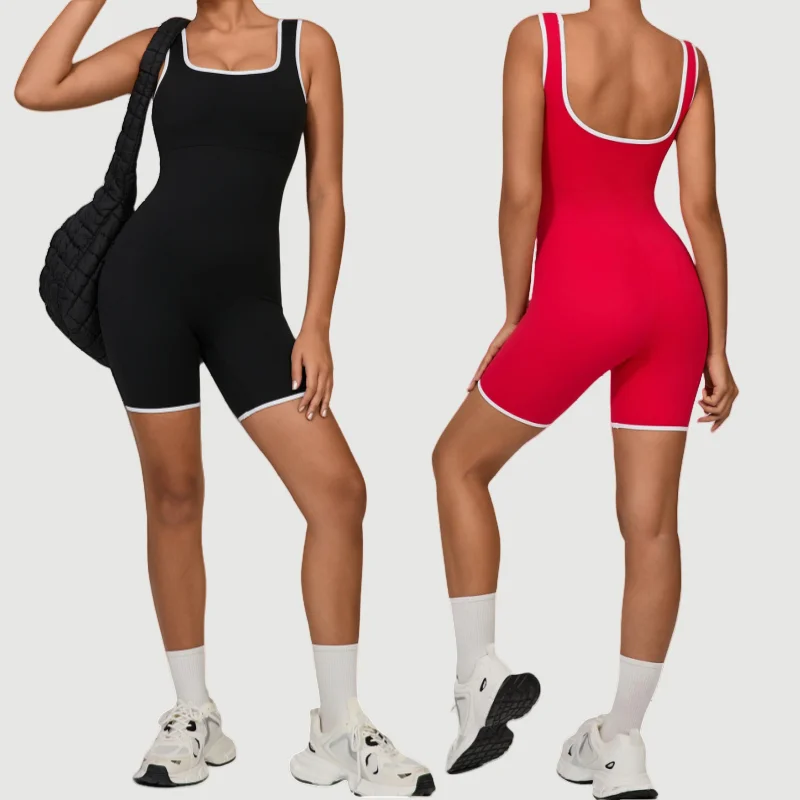 

Women's Yoga Jumpsuit - Fashion Color Block Wide Collar Backless Sports Bodysuit for Gym Running Outdoor Fitness Workout