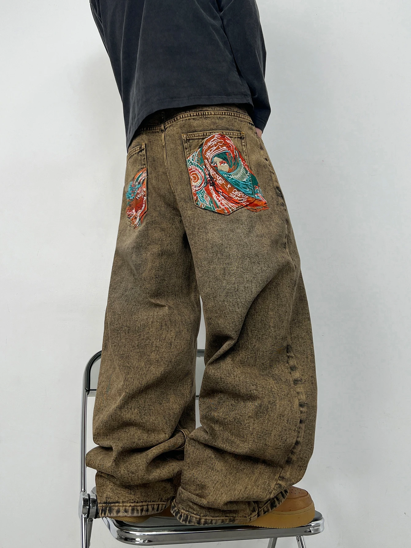 American Vintage Heavy-Duty Washed Pocket Colorful Embroidered Loose Wide-Leg Jeans  Men Y2K Street Hip-Hop Skate Fashion