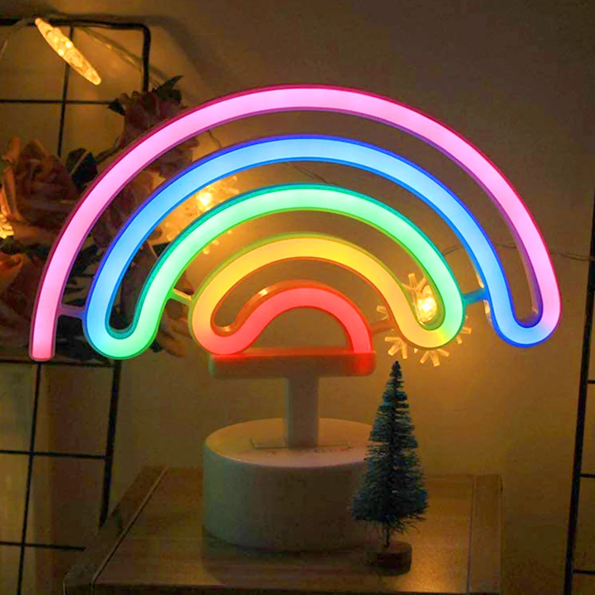 Rainbow LED Nightlight Neon Sign Light Atmosphere Lamp Rainbow Neon Light Battery/USB Powered Bedside Lamp Neon Lamp with Base