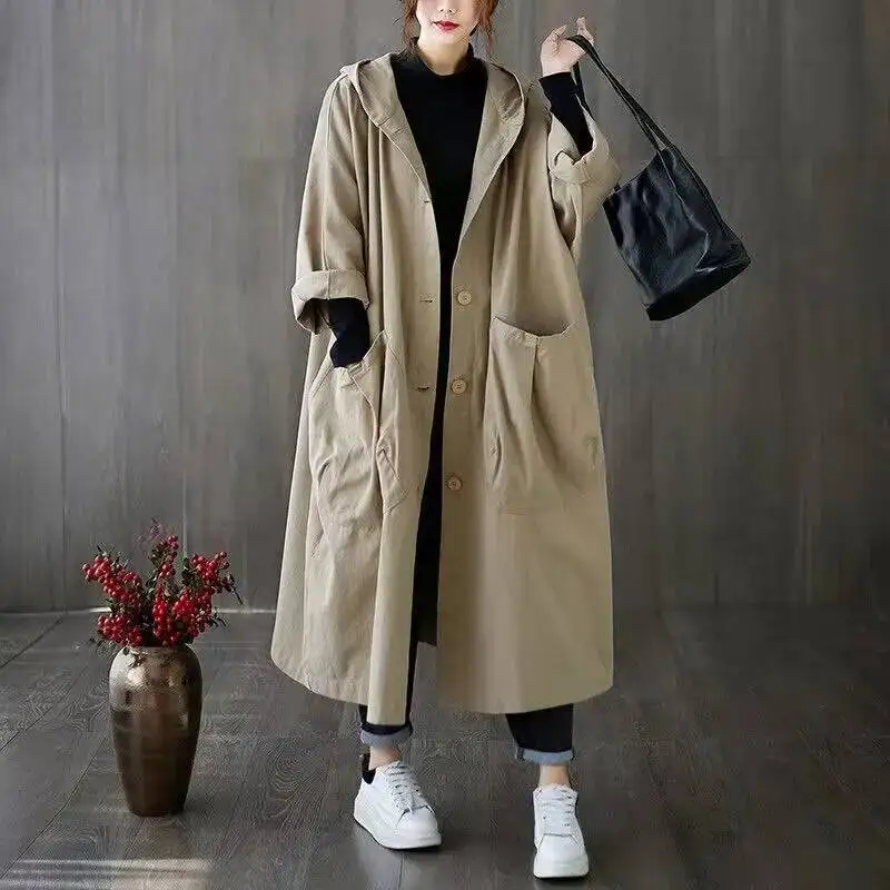 

Oversized Spring And Autumn Trench New Korean Loose Versatile Hooded Windbreaker Women's Long Coat B Pocket Jacket
