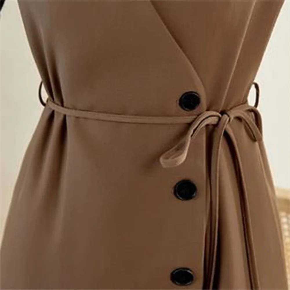 여성용 슬리브리스 슬림 베스트 벨트 탱크 드레스 오버코트 아우터 무릎 길이 허리 조절 스프링 가을 패션