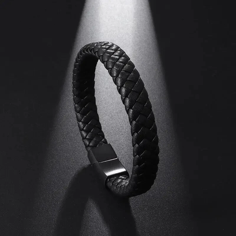 Trendy Single Layer Black Hand Woven Leather Bracelet with Metal Magnetic Closure Men's Business Jewelry Birthday Gift