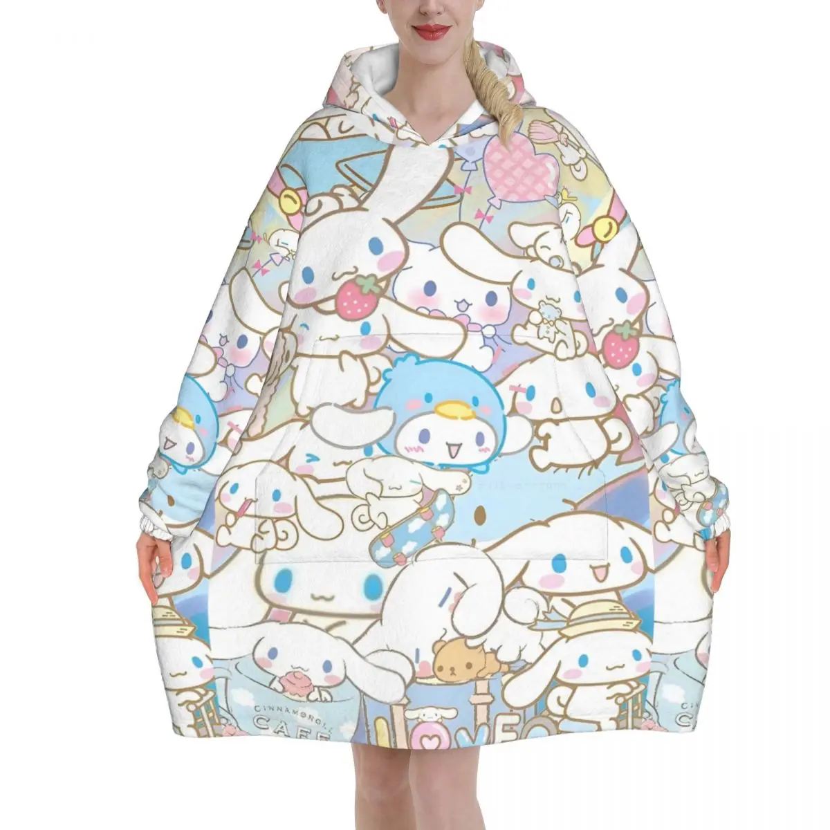 Cartoon Cinnamoroll Kawaii Wearable Blanket Hoodie for Women Men Oversized Sweatshirt Blanket with Pocket