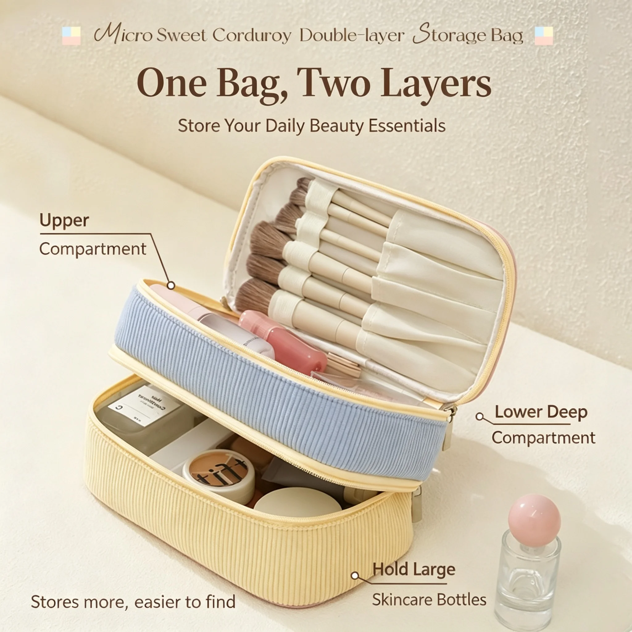 Double-layer makeup bag, corduroy travel-style divided makeup brush storage bag, hand-held large-capacity toiletry bag