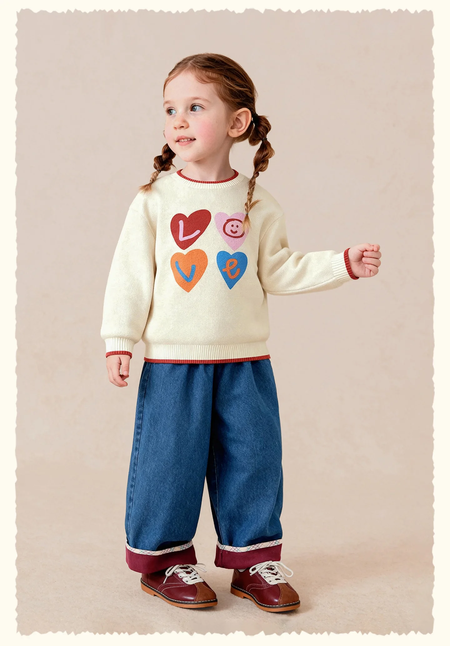 Amila 2026 Herbst Neue Kinder-Jeanshose mit Umschlagbündchen, Vintage-Waschung, gerolltem Saum, weitem Bein, weich, vielseitig für den Alltag – Detail 12