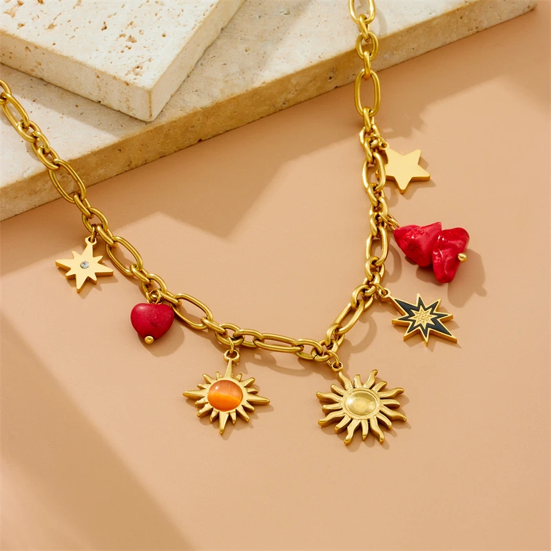 LAMENGLY 316L Stainless Steel Dopamine 5-Leaf Flower Bow Sun Heart  Cherry Necklace Women\'s Novel Chic Neck Chain Holiday Gifts