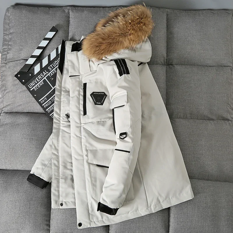 -30 Degree White Duck Down Parkas Men Windproof Hooded Thicken Multi-pocket Down Coat Fur Collar Hooded Thick Winter Jacket