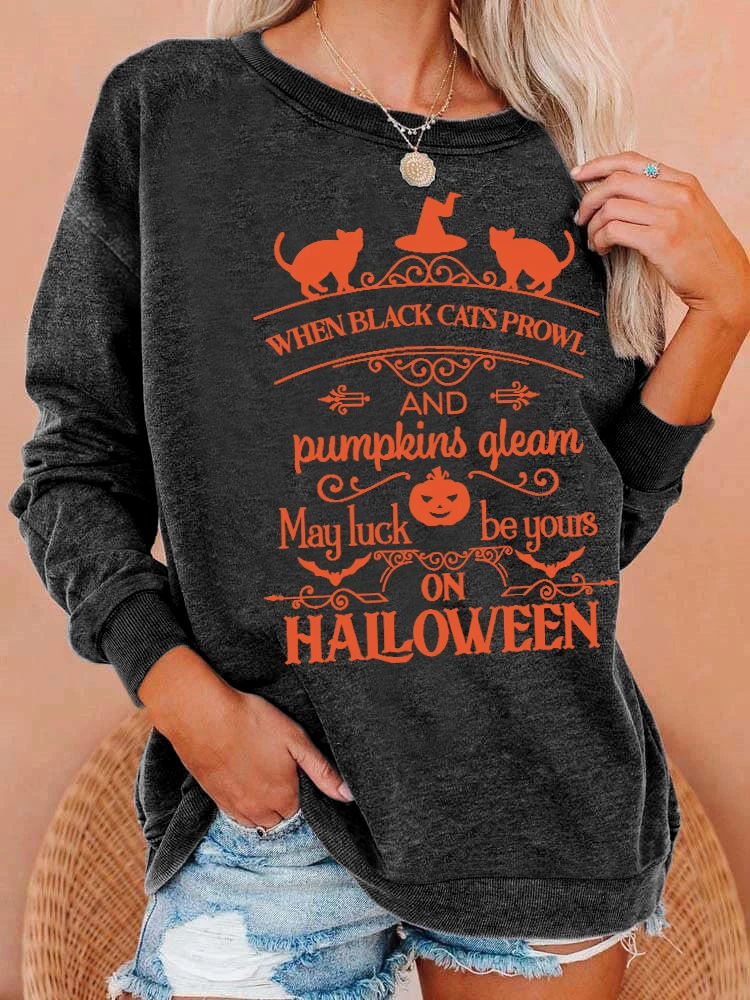 Halloween print washed sweatshirt, crew neck casual washed sweatshirt for winter & fall, women\'s clothing