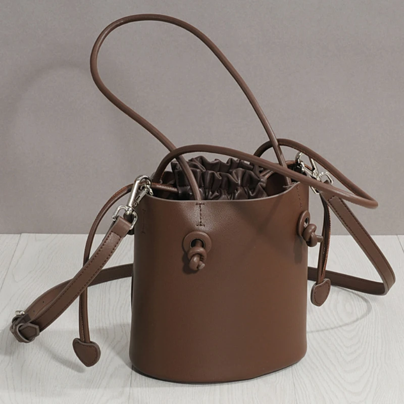 New Bucket Bag Korean Style Luxury Brand Handbags Designer Women's Bag Drawstring Temperament Brown Shoulder Messenger Handbag