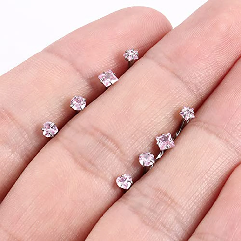 16G Stud Lip Rings Piercing Stainless Steel CZ Cartilage Tragus Piercing Jewelry Forward Helix Earrings Nose 6/8/10mm Pink