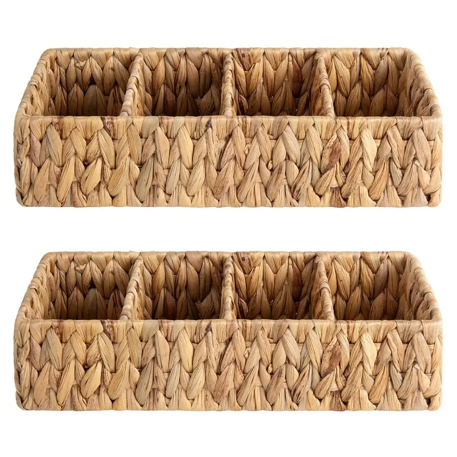 

Small Wicker Basket for Organizing with 4Section, Natural Water Hyacinth Storage Baskets with Dividers for Pantry Shelves, 2Pack