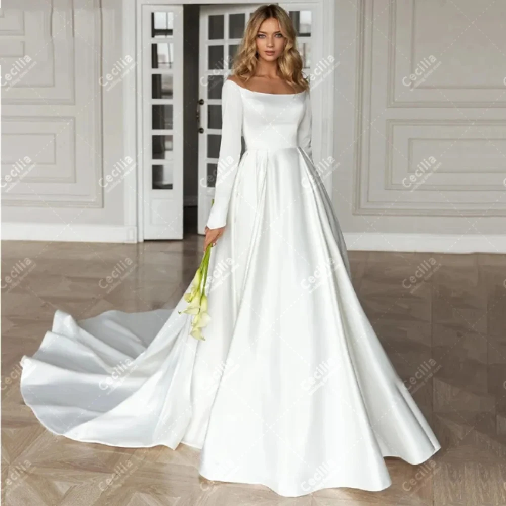 

Modest Wedding Dresses A-Line Satin Bridal Gowns Sweep Train Full Sleeves Robes For Formal Party Elegant Vestidos De Novia 2024