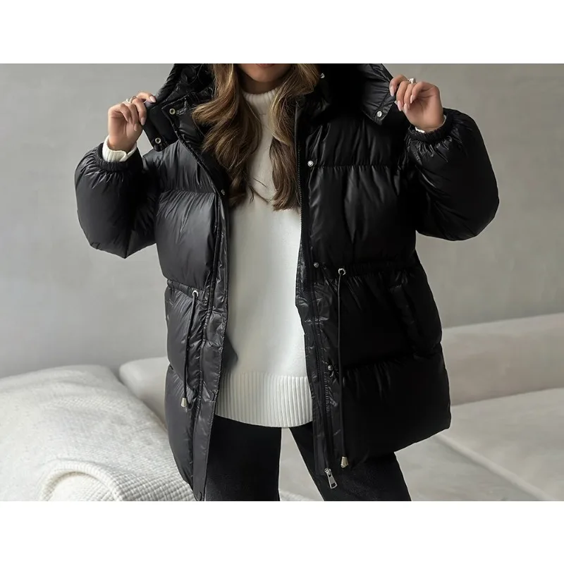 Cappotto Parker corto con cappuccio da donna per il tempo libero con coulisse in vita caldo solido tasca con cerniera invernale maniche lunghe 2025 Cappotto Parker 26 venduto