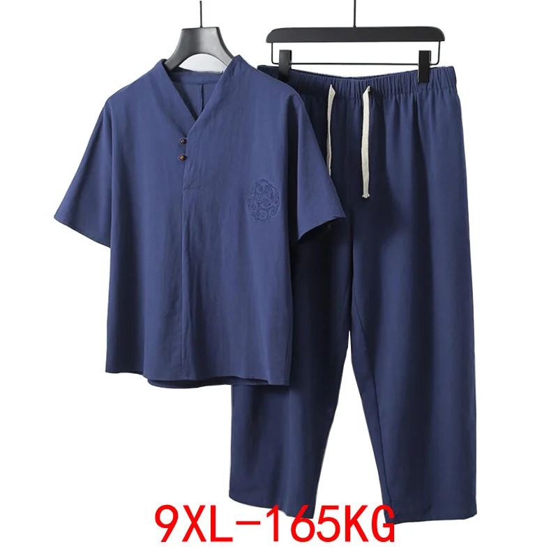 Large Size Men\'s Clothing Vintage Tracksuit Husband 2021 Summer Blue Home Suit Linen T Shirt Fashion Male Set Chinese 8XL 9XL