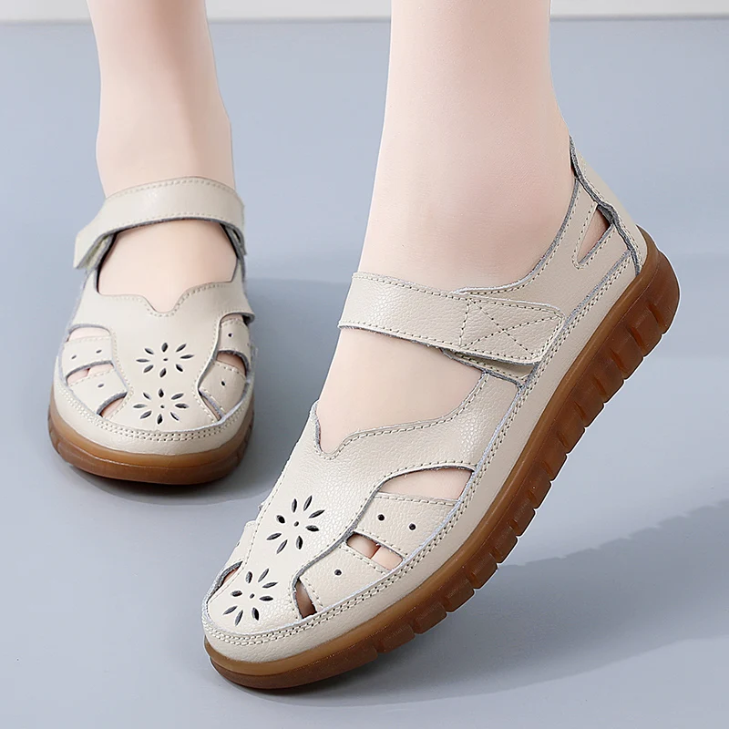Summer Women Breathable Leather Sandals Ladies Comfortable Flats Walking Slippers Covered Toe Beach Shoes Female Casual Shoes