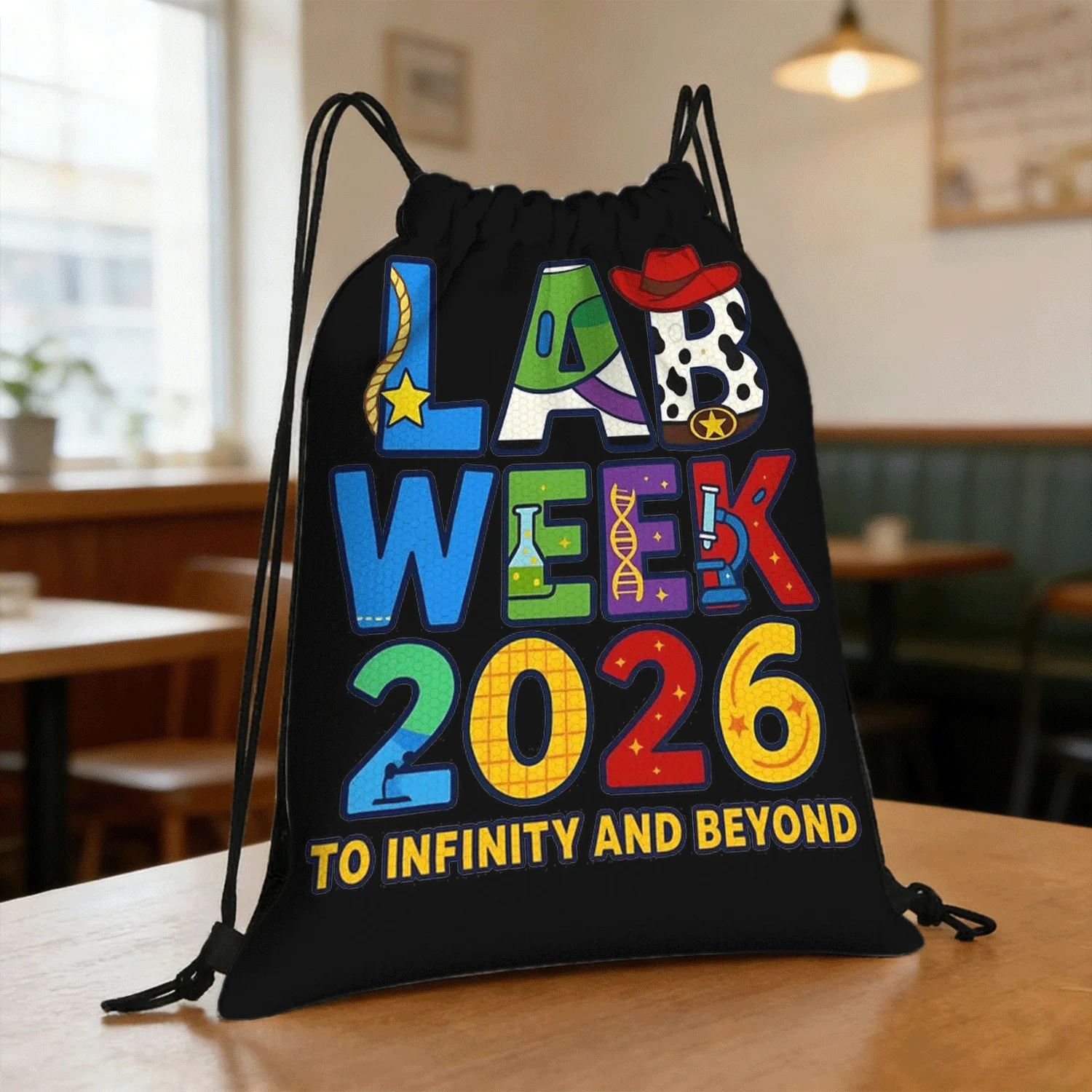 2026 Lab Week Cartoon Scientist Drawstring Bag, Large Capacity & Portable, Unisex Daily & Travel Drawstring Pouch