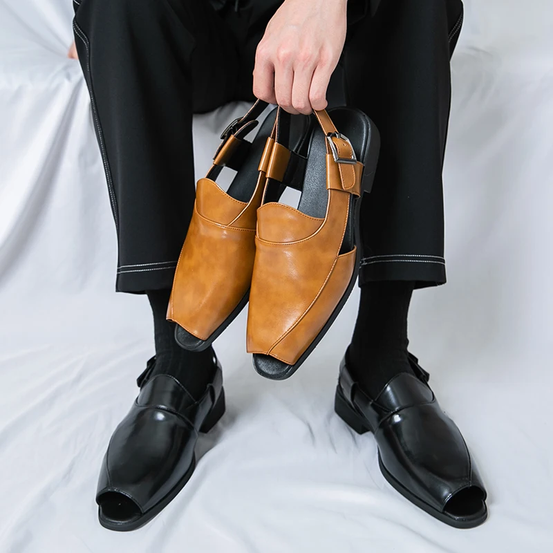Original Luxury Designer Sandals Pointed Toe Golden Glitter Leather Sandals Size 46 Bussiness Dress Shoes Men sandalias hombre