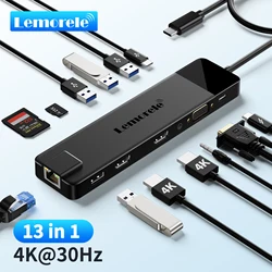 Lemorele 13 in 1 Usb C Docking Station 4K 30Hz RJ45 Gigabit Ethernet USB Type-C to Dual HDMI VGA For Laptop Macbook Projector TV