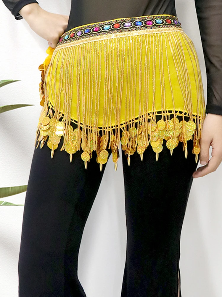 Women Belly Dance Accessories Teardrop Paillettes Coloured Diamond Fringe Wrap Bohemia Belts Coins Hip Scarf with Beads Tassels