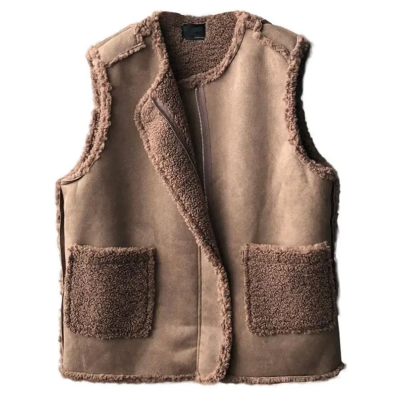 Korean style Women Faux Lamb Wool Vest Tops Sleeveless Winter Coat Gilet Femme Fashion Brown Jackets Thicken Outerwear