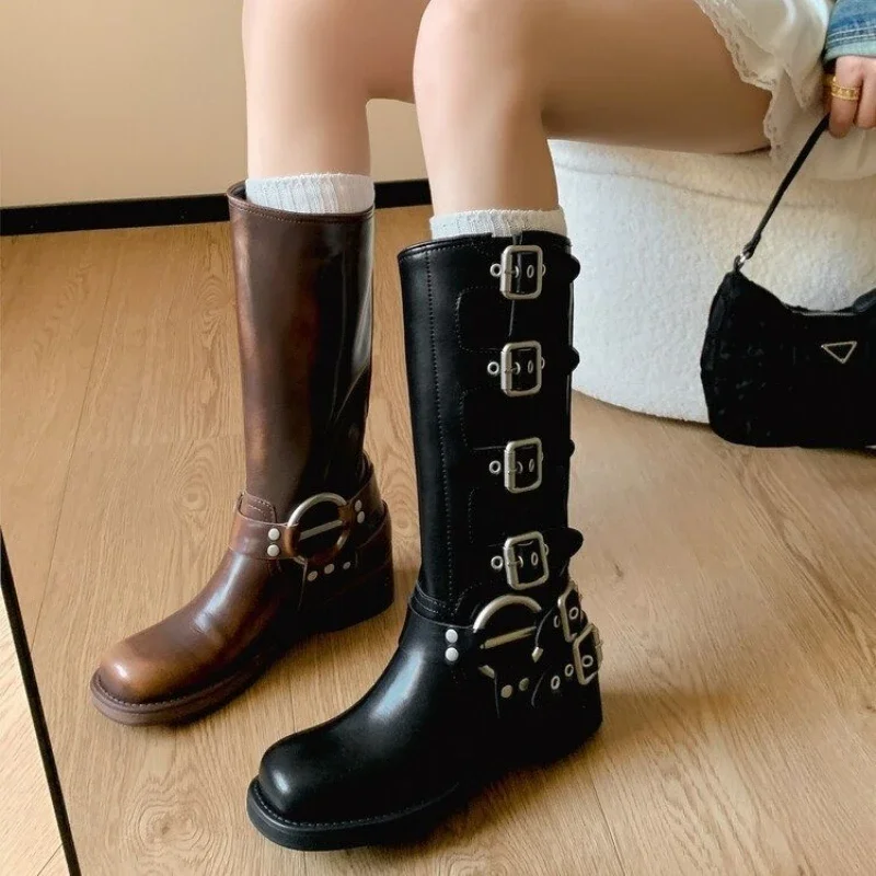 Platform Combat Boots Zip Chuny Heel Buckle Vintage Fashion Casual Luxury Designer Western Mid Calf Boots Shoes Woman