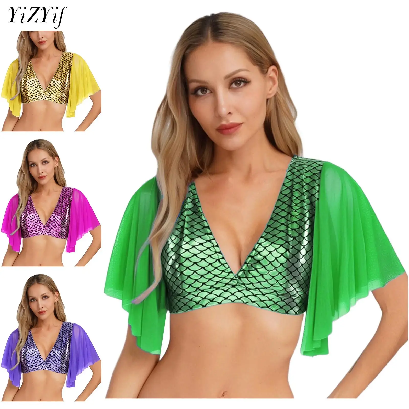 

Женские сексуальные укороченные топы с русалкой Клубная одежда с v-образным вырезом и сетчатым коротким рукавом Футболка с принтом рыбьей чешуи Топ Rave Disco Festival Party Купальники
