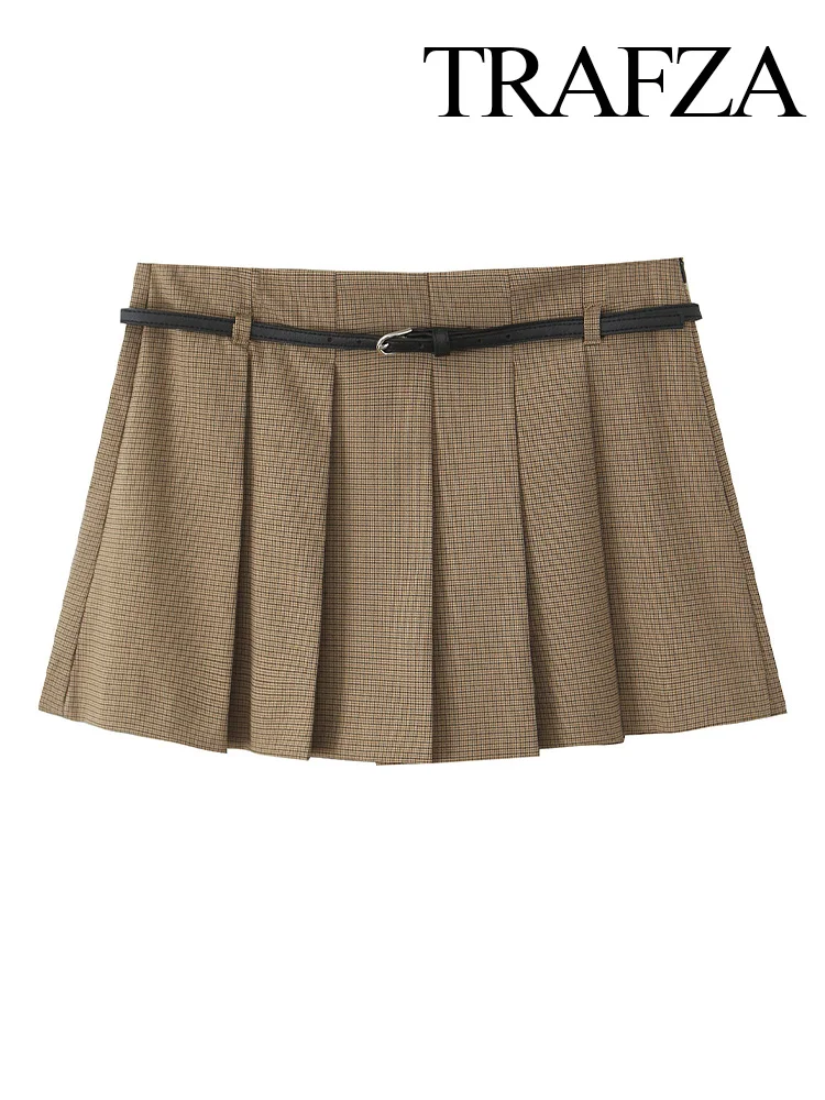 TRAFZA, Mini Culottes con decoración plisada y cinturón para mujer, moda femenina de verano, cintura alta, cremallera lateral, falda ajustada informal de estilo callejero