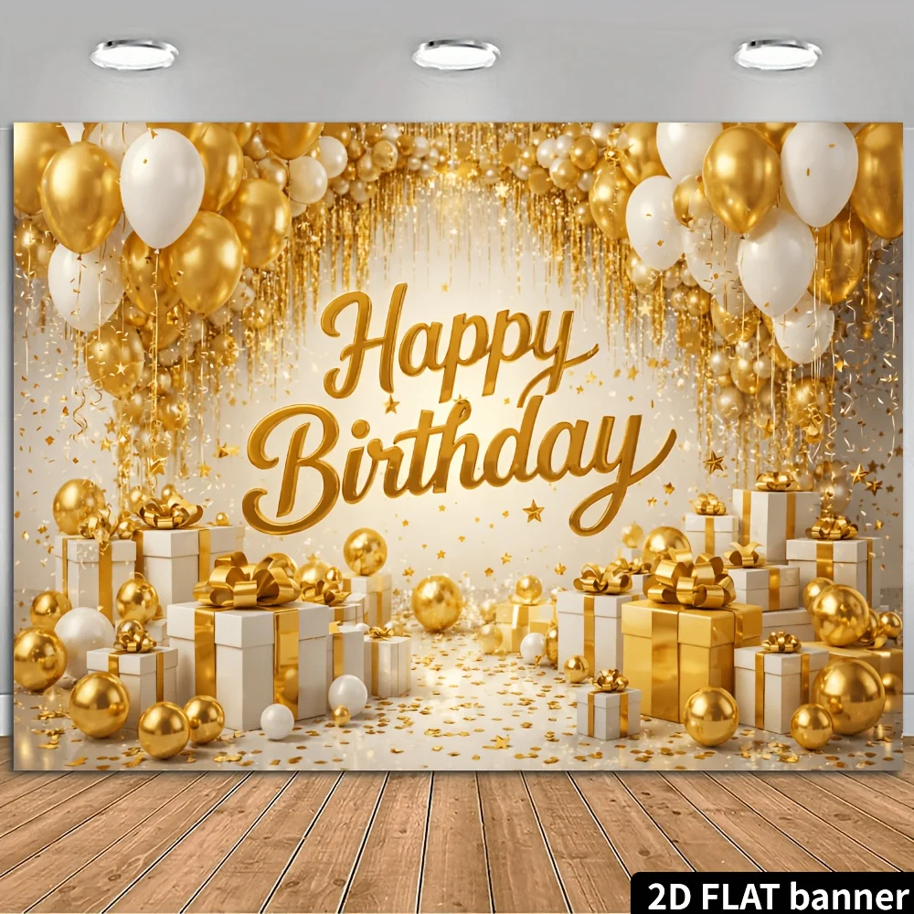 2D Flat Luxury Golden & Platinum Birthday Backdrop With Balloons Sequin Stars & Box Decor - Horizontal Happy Birthday Banner Sui