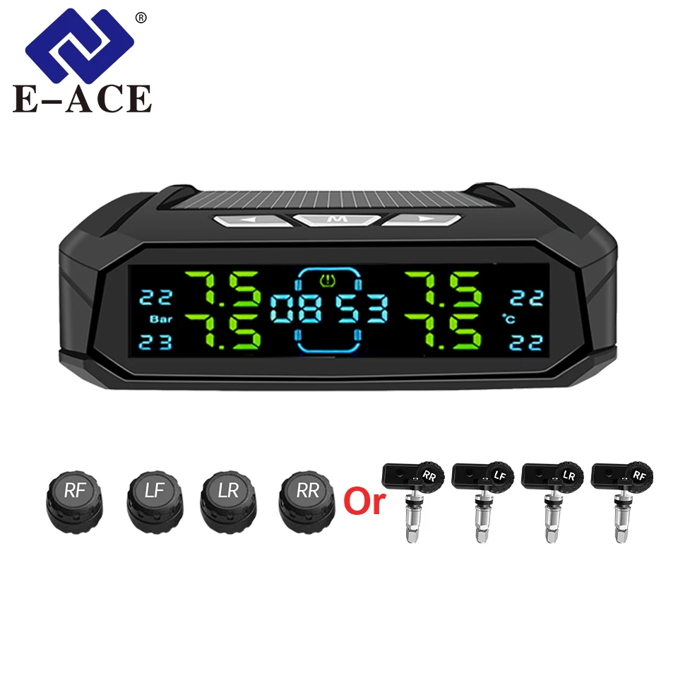 Sistema de Monitoramento de Pressão de Pneus TPMS Sem Fio E-ACE com Relógio e Carregador Solar, 4 Sensores e 6 Modos de Alarme para SUV, MPV e RV