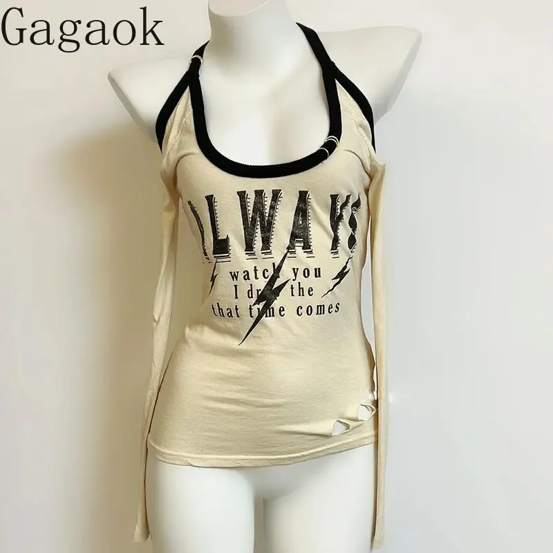

Gagaok American Style T Shirts Women Spicy Girl Letter Printed T-shirt Long Sleeved Irregular Autumn Gay Backless Ripped Top Tee