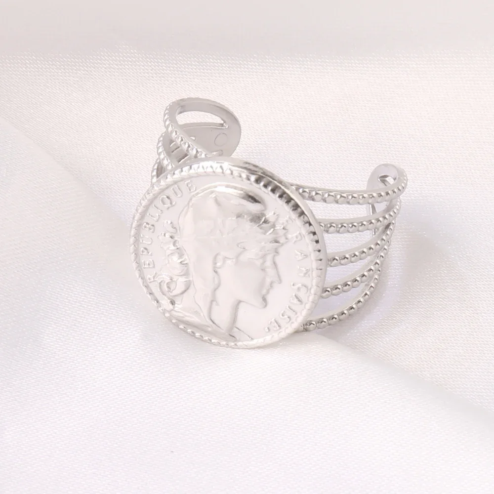 316L Stainless Steel Roman Caesar Head Rings For Women Men Vintage Open Wide Portrait Coin Ring Femme Male Daily Jewelry Gifts