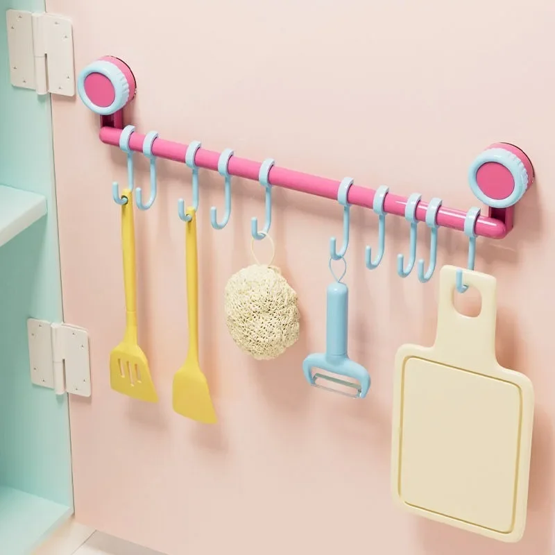 New Kitchen Plastic Suction Cup Hook No Punching Hanging Bathroom Slide Rail Hook Pole Storage Rack Portable Home Decor