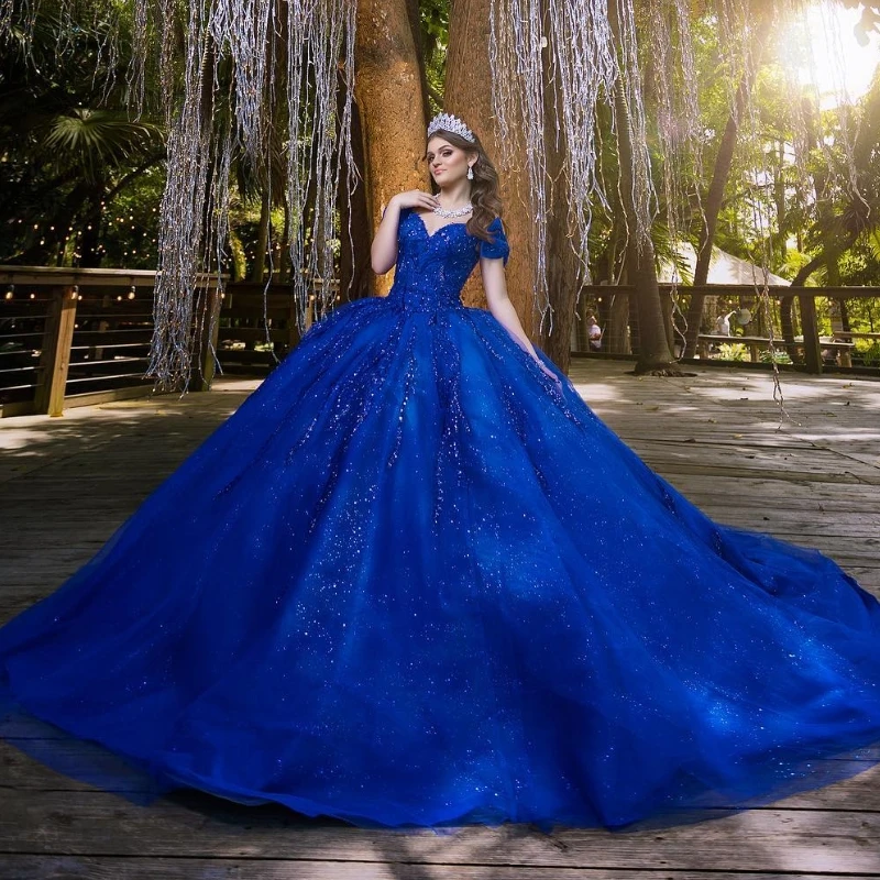 Royal Blue Shiny Quinceanera Dresses Off The Shoulder Beading Crystal Tull Party Birthday Ball Gown Sweet 16 Dress Vestidos De