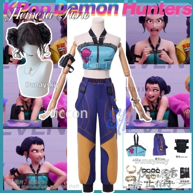 

Kawaii Korea Girls Y2K Idol Stage Uniform For Anime Demon Huntrix Cosplay Zoey Girls Groups Sexy Top Pants Wig Earring Halloween