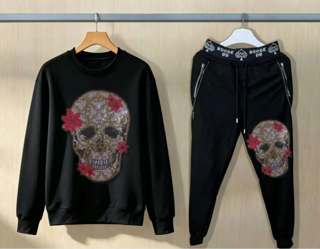 Men Hip Hop Luxury Oversize hotfix rhinestone Hoodie Fashion Suit Daily Wear Outfit Set view 6