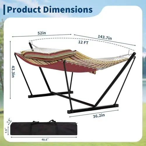 2 Person Outdoor Hammock with Stand, Burgundy Brown Stripes | 450 LBS Heavy Duty Anti-Tipping Frame with Balance Rope