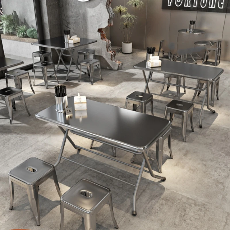 Industrial Stainless Steel Metal Cafe Shop Tables and Chairs Simple Design  Commercial Furniture Restaurant Table Set