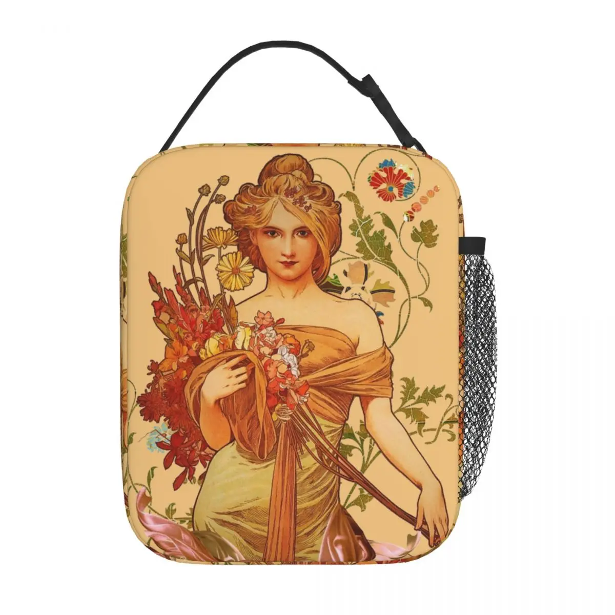 

Mucha Floral Goddess And Flowers Merch Insulated Lunch Bag For School Storage Food Boxes Portable Cooler Thermal Lunch Boxes