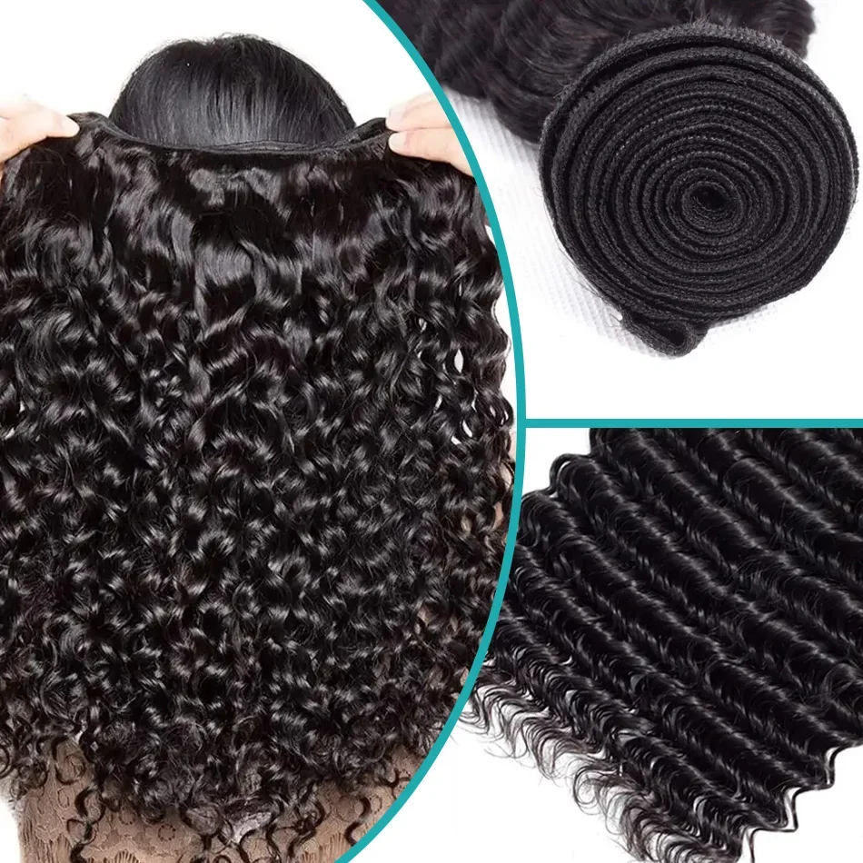 Deep Water Wave Bundles 100% Brazilian Remy Human Hair Extensions Double Weft Deep Weave 3 Bundles Natural Black Color