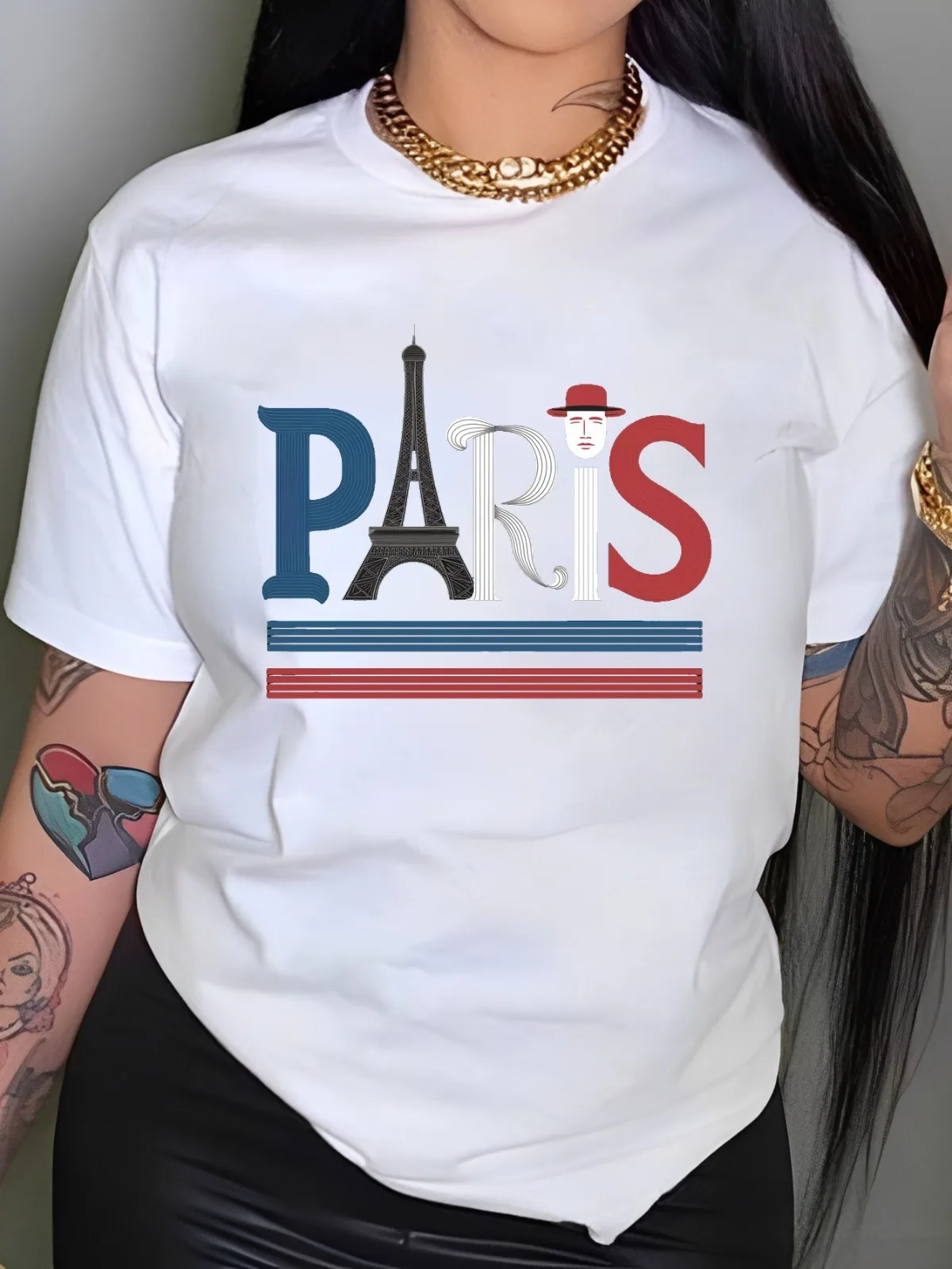 

Женская футболка с круглым вырезом, женская повседневная хлопковая футболка с модным парижским буквенным узором, коллекция обычной длины с принтом