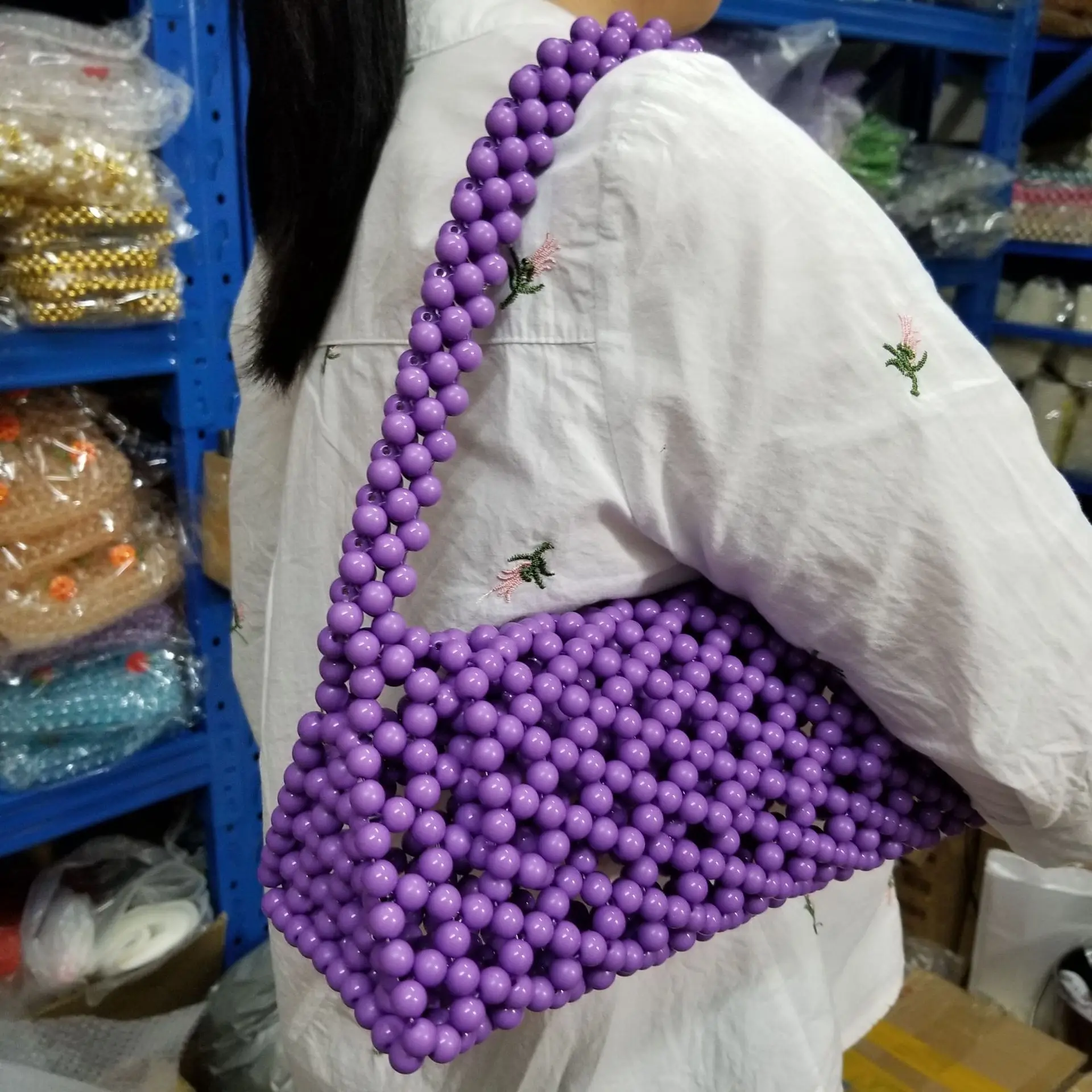 2024 New Acrylic Beaded Pearl Handwoven Hollow Design Triangle Women's Shoulder Bag Customized Versatile Summer Ladies Handbag