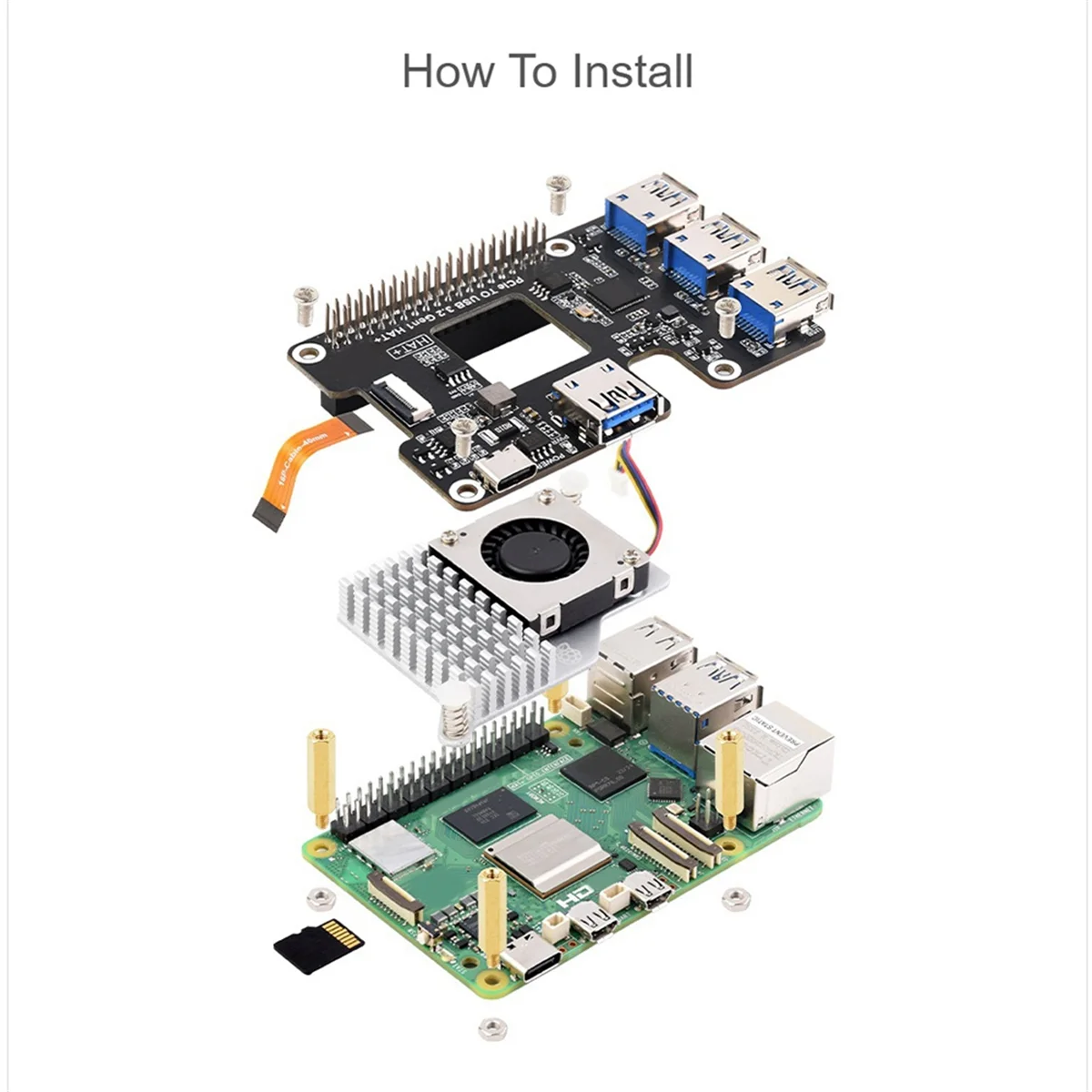 Per Raspberry Pi 5 PCIe a USB 3.2 Gen1 HAT PCIe a USB HUB 4 porte USB Plug and Play per Raspberry Pi 5