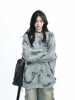 2000s Gothic Print Loose Casual American Vintage Long Sleeve Pullover Sweaters Y2k Korean Fashion O Neck Subculture Jumpers Chic 2