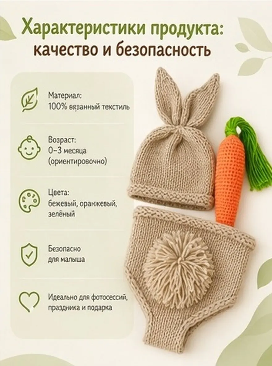 Newborn Easter Photography Costume Set – Soft Breathable Knit Baby Rabbit Outfit with Carrot Prop for Photo Shoot
