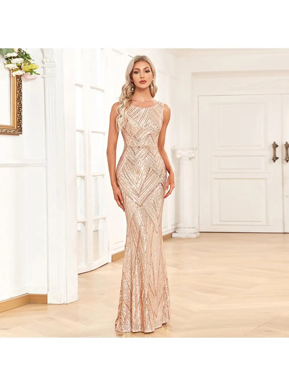 

Ele round Ne Svel Long Evening Gown for Women Luxury Rose Gold Par Dr Mermaid Sle iny Large Size