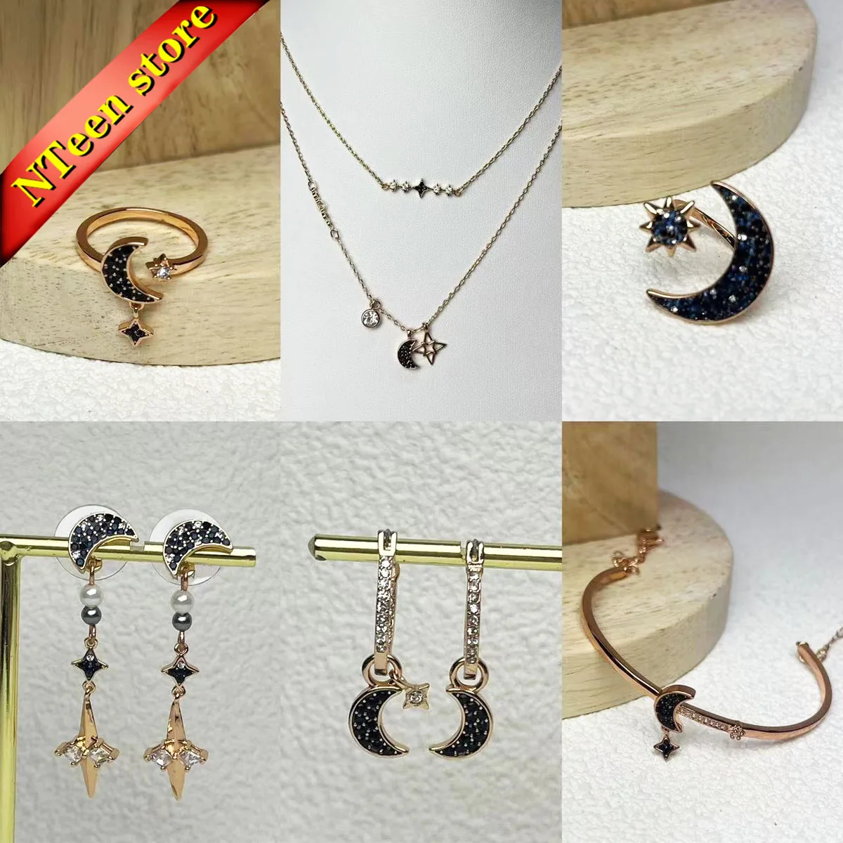 

Original 2024 Star Moon Jewelry Set Lady Necklace Earrings Rings High Quality Crystal Pendant Gifts Wholesale