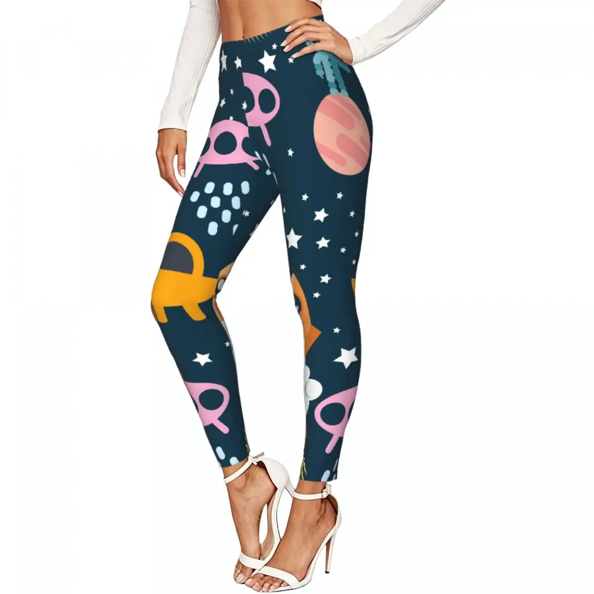 Casual Ladies Slim Leggings Space Planets Rockets Flying Saucers Aliens Astronauts Elastic High Waist Sports Daily Wear Trousers