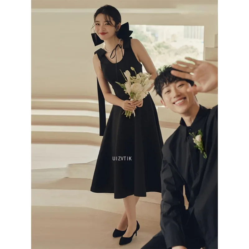 Vestidos de novia cortos simples negros Corea cuello cuadrado fotos sesión vestidos 2025 vestidos de novia de una línea personalizados vestido de fiesta Formal