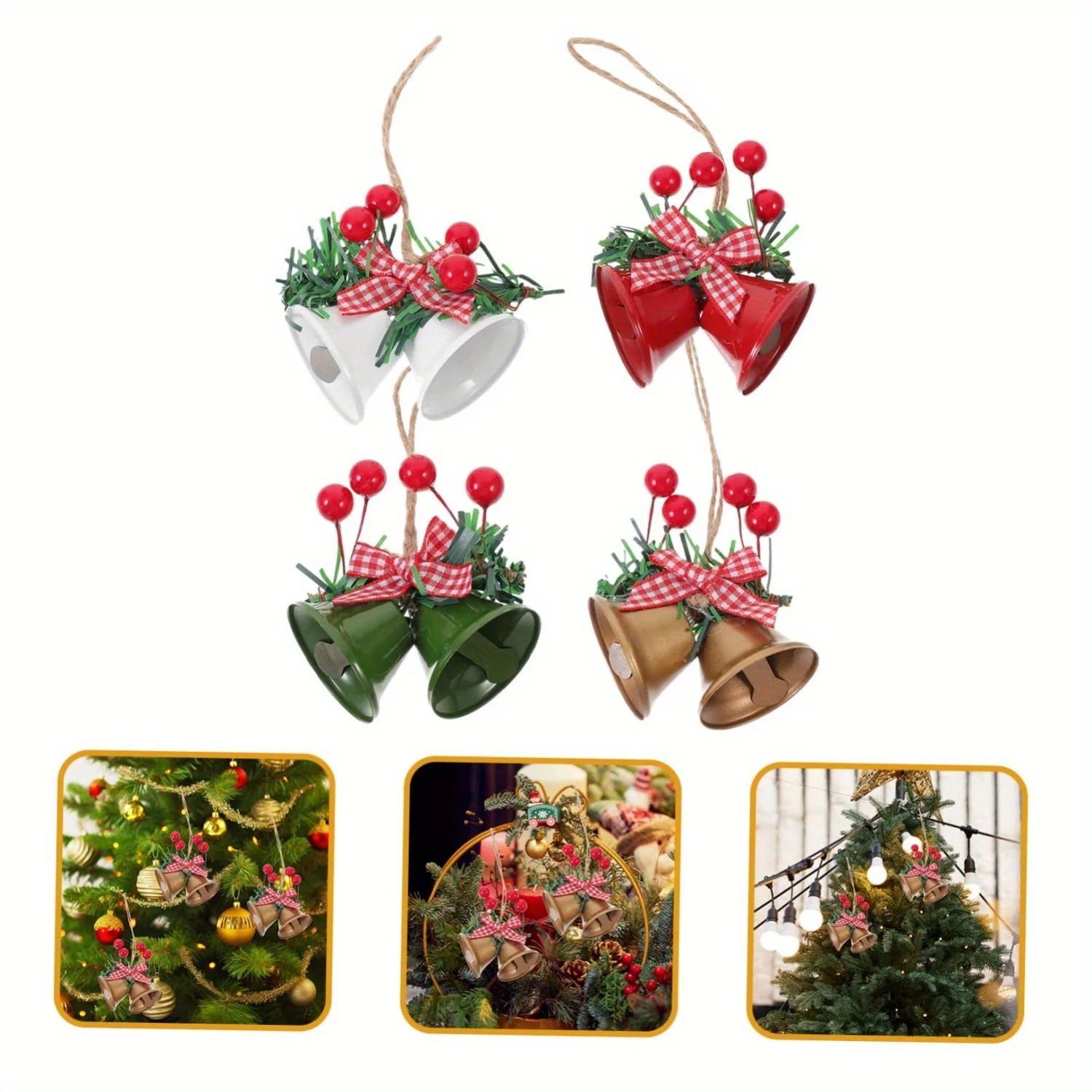 4/12pcs Cast Iron Christmas Bells Decorations with Red & White Gingham Bow & Greenery - Durable Indoor Hanging Decor for Tree