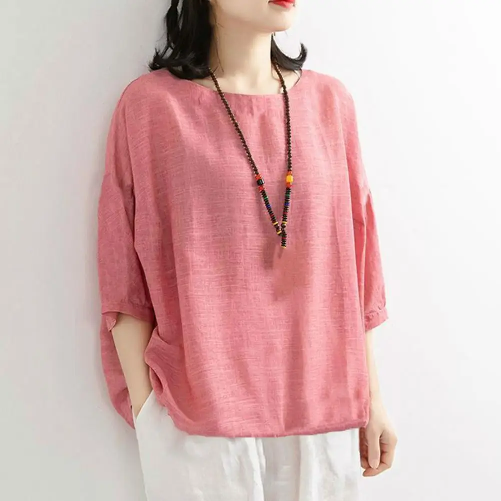 Blus longgar Korea wanita, atasan Pullover tipis polos kasual Lengan Batwing 3/4 pendek leher v panjang setengah musim panas musim semi